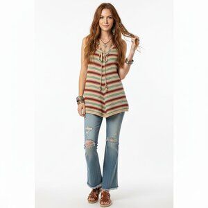 Heart N Crush Womens Tank Top Size Small Multicolor Striped Crochet Boho Feather